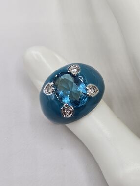 Swarovski Crystal Elements Silver Statement Ring Blue Zircon Teal Size 8 Prom